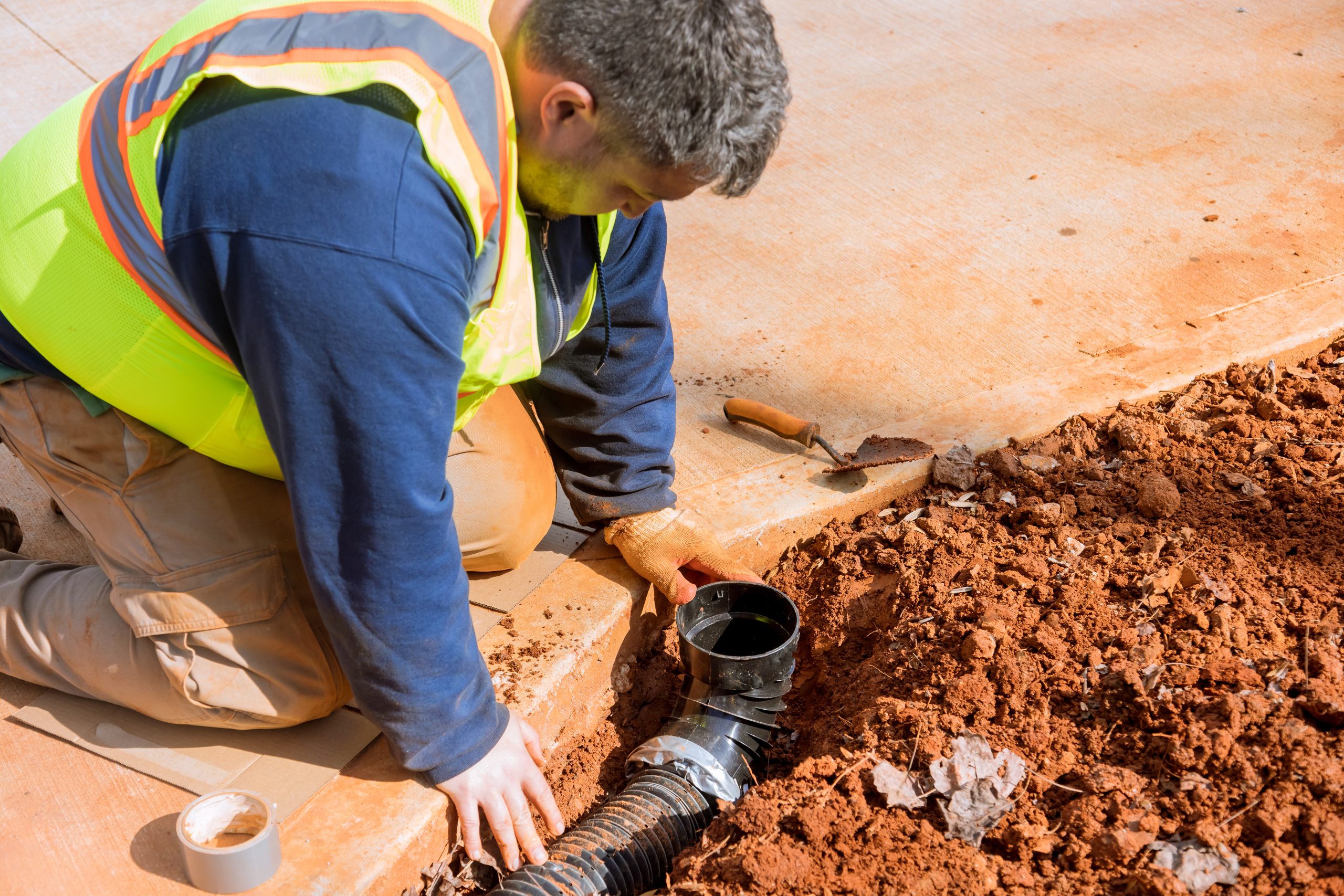 A plumber mounts the assembly for the drainage system for rainwater runoff